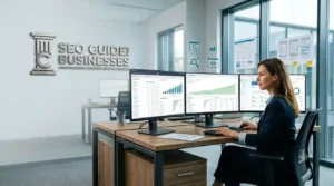 SEO guide for businesses showing search engine optimization strategies, keyword research, content marketing, technical SEO, and website ranking improvement.