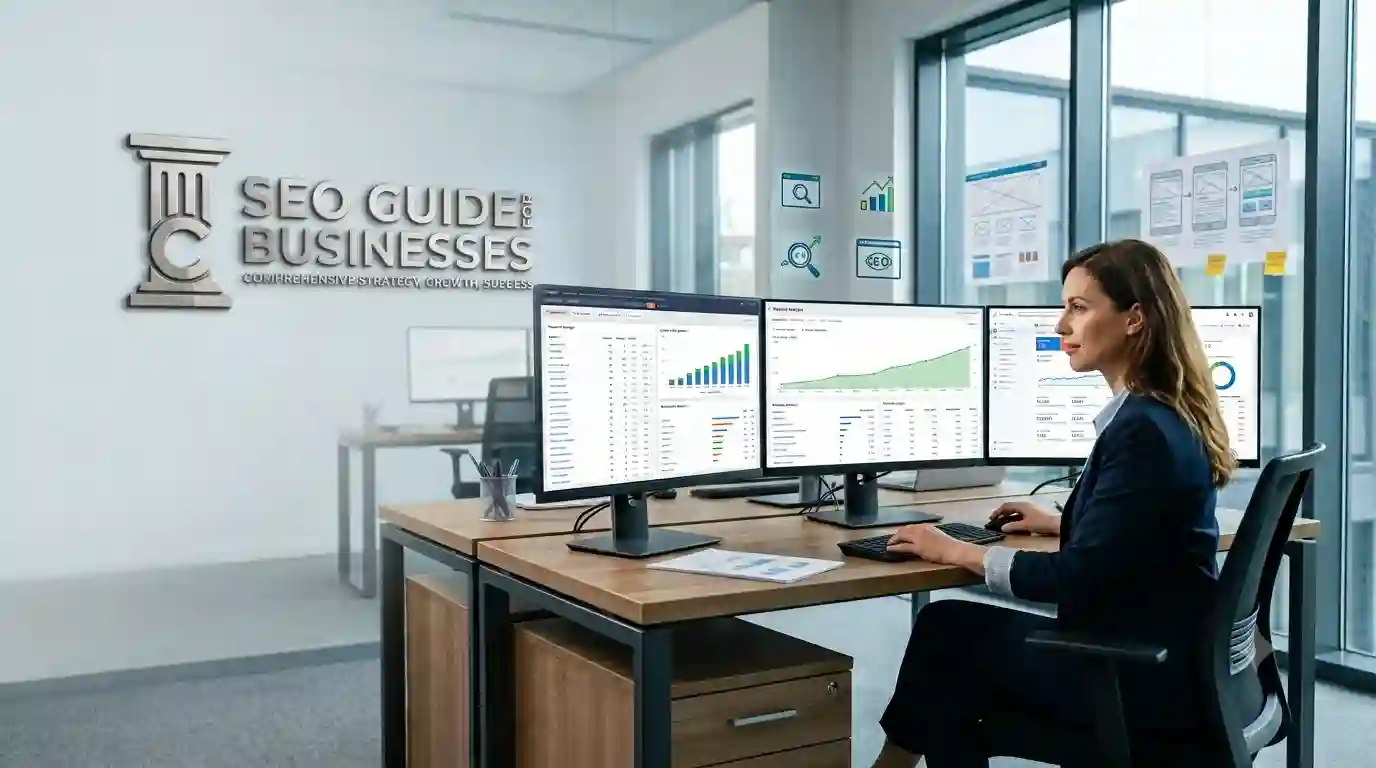 SEO guide for businesses showing search engine optimization strategies, keyword research, content marketing, technical SEO, and website ranking improvement.